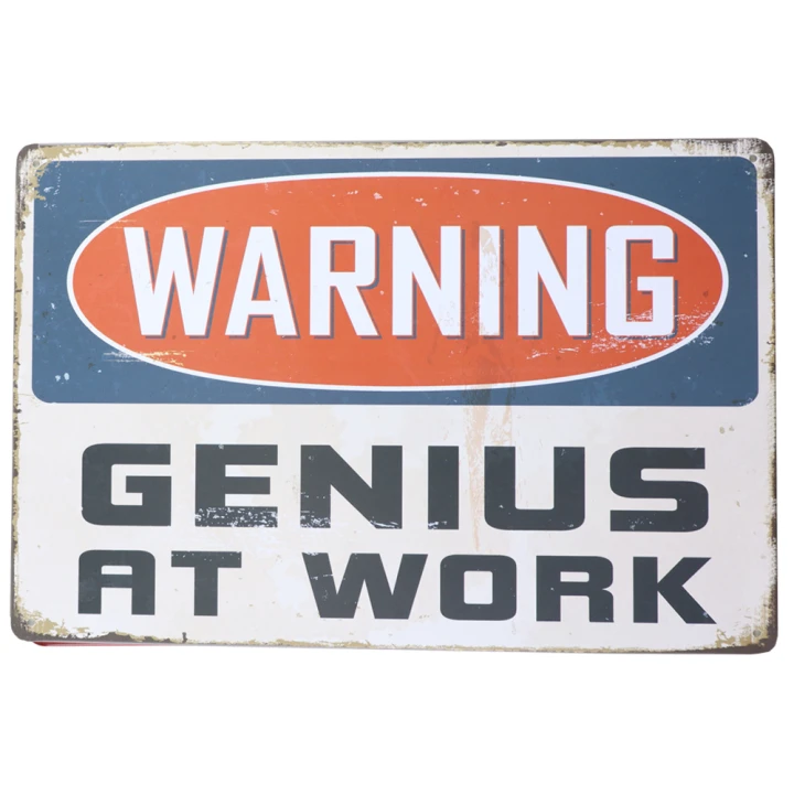 30018 Warning genius at work wit Warning Genius At Work - Metalen borden