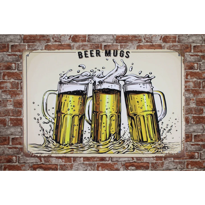 30408 Beer mugs Metalen bordje met stenen achtergrond