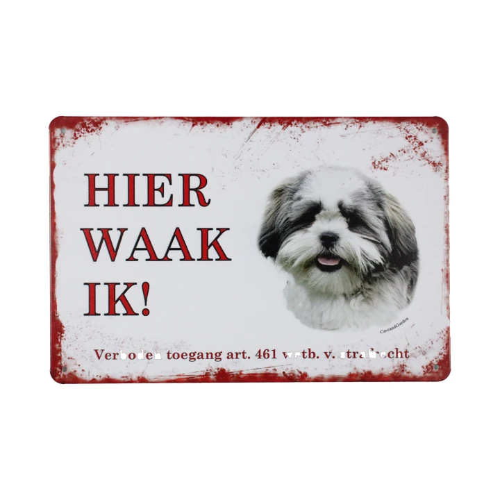 31354 Hier waak ik shih tzu wit Hier waak ik Shih tzu Metalen borden