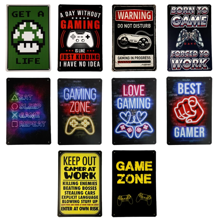 10 PACK GAMING n dit super handige pakket krijgt u gelijk 10 super leuke metalen gamer bordjes. Deze wandborden zijn 20 x 30cm groot en kunnen zowel buiten als binnen worden opgehangen. Het perfecte cadeau om te geven aan uw geliefde, familie en vrienden!