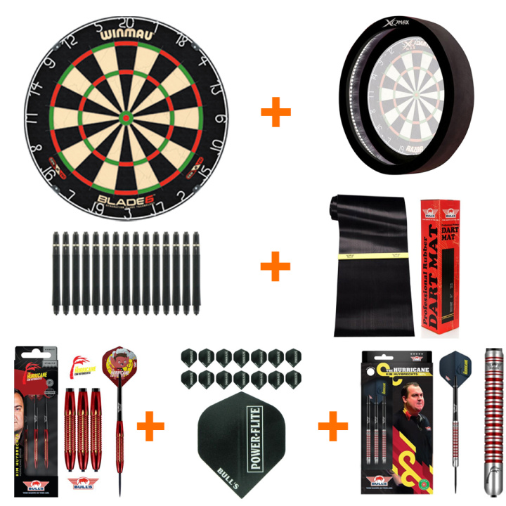 dartset extra + met een dartbord, verlichtingsring, dartpijlen flights en een dartmat