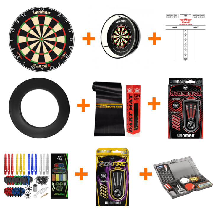 dartset voor in de kantine met een dartbord, verlichtingsring, scorebord, dartsurround, 2 sets pijlen en genoeg flights en shafts