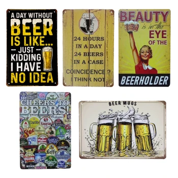 Deze wandborden zijn 20 x 30cm groot en kunnen zowel buiten als binnen worden opgehangen. De metalen bordjes in deze set zijn Cheers to beers, Beer Mugs, Beauty is, 24 Hours in a day en A day without.