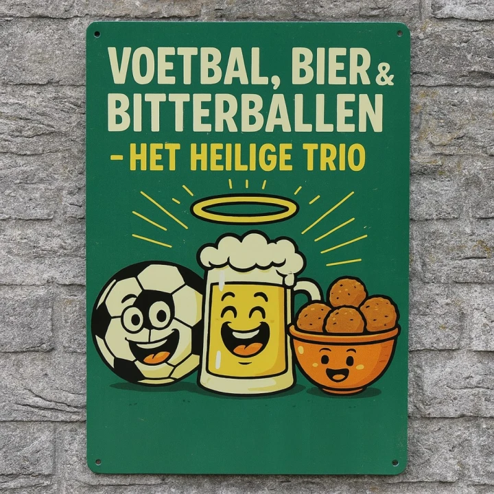 30433 Voetbl-Bier-Bitterballen-sfeer Het Heilige Trio Metalen bord