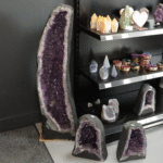 zen meditation corner with large purple amethyst