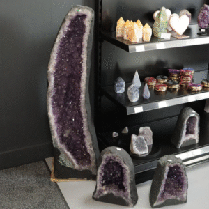 zen meditation corner with large purple amethyst